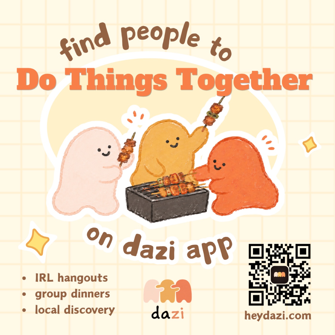 The cast around a grill, on a dazi promo graphic