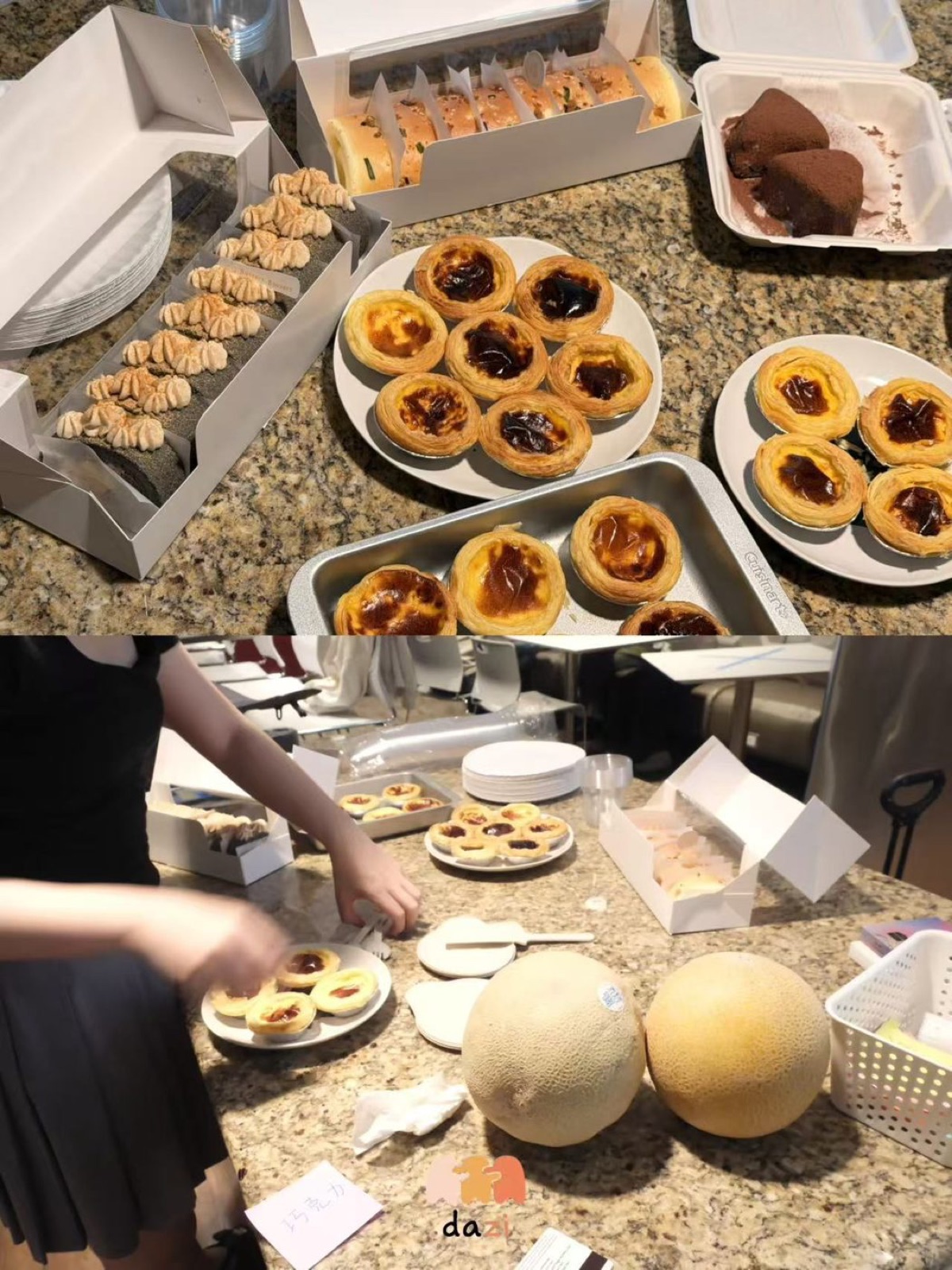 Egg tarts and pastries laid out for a dazi afternoon tea